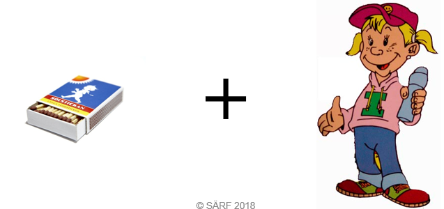 Bildkollage på en tändsticksask och en tecknad flicka.