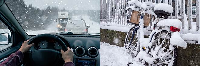 Bildkollage med två foton: En person som kör bil i ett snöoväder och en igensnöad cykel.